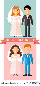 Vector illustration of a married  European couple people in love.
Set of icons wedding, bride, groom in love. 
