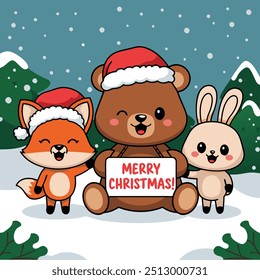 A vector illustration of Marry Christmas cute animals character with big signboard