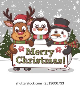 A vector illustration of Marry Christmas cute animals character with big signboard