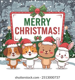 A vector illustration of Marry Christmas cute animals character with big signboard