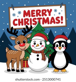 A vector illustration of Marry Christmas cute animals character with big signboard