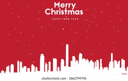 vector illustration of Marry Christmas and Happy new year red greeting card with white cityscape of Miami