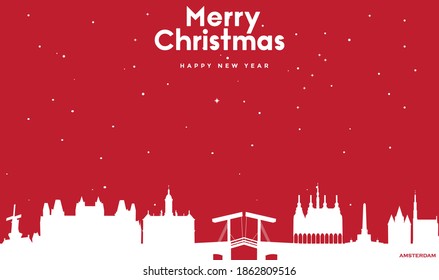 vector illustration of Marry Christmas and Happy new year red greeting card with white cityscape of Amsterdam