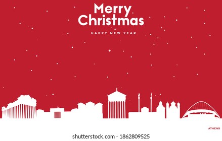 vector illustration of Marry Christmas and Happy new year red greeting card with white cityscape of Athens