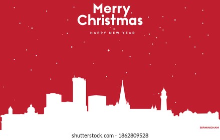 vector illustration of Marry Christmas and Happy new year red greeting card with white cityscape of Birmingham