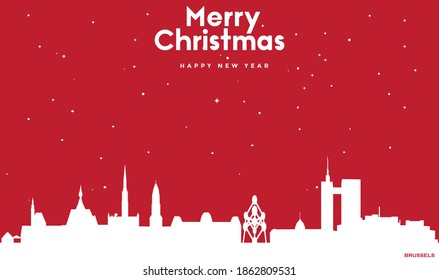 vector illustration of Marry Christmas and Happy new year red greeting card with white cityscape of Brussels