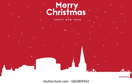 vector illustration of Marry Christmas and Happy new year red greeting card with white cityscape of Dortmund
