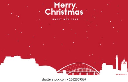 vector illustration of Marry Christmas and Happy new year red greeting card with white cityscape of Newcastle
