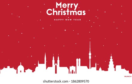 vector illustration of Marry Christmas and Happy new year red greeting card with white cityscape of Munich