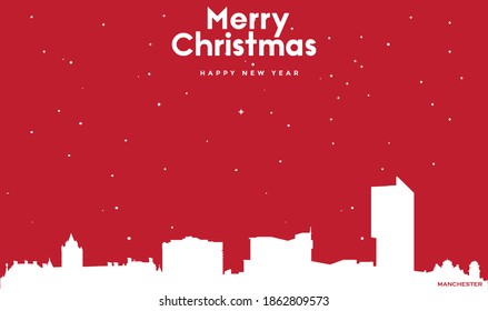 vector illustration of Marry Christmas and Happy new year red greeting card with white cityscape of Manchester