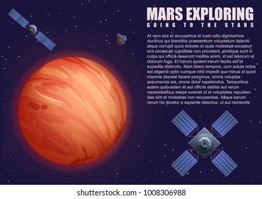 Vector illustration of Mars planet and different satellites in the space. Mars exploring.