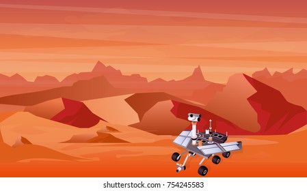 Vector illustration of Mars planet landscape and space exploration machine, space technology in flat style