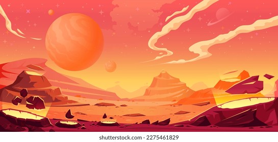 Vector illustration Mars surface landscape, the mysterious red planet, red dessert with mountains, craters, and shinning stars, Martian extraterrestrial computer game backdrop, cartoon world, banner