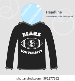 Vector illustration of Mars university uniform. Image of spacesuit with imaginary symbol.