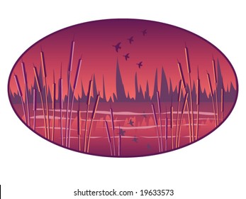 vector illustration of a marsh during twilight