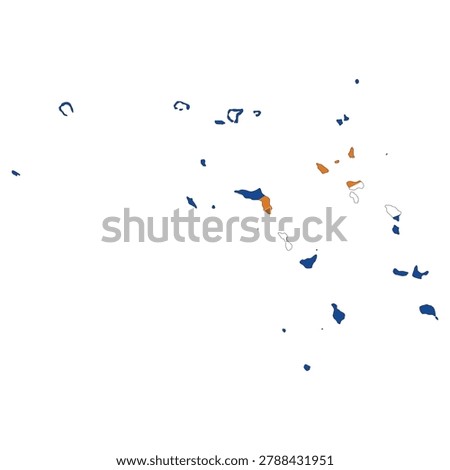 Vector illustration of the Marshall Islands in the shape of its archipelago outline, filled with the national flag colors. Clean flat design featuring orange, white, blue, and diagonal stripe with star emblem. Minimal geographic silhouette suitable for education, travel, and infographic use. Isolated scalable composition for digital and print projects.