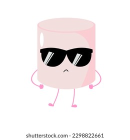 Vector illustration of marshmallow character with curious cute expression, funny, marshmallow isolated on white background, simple minimal style, for mascot collection, emoticon. cool, sunglass 