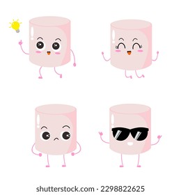 Vector illustration of marshmallow character with various cute expression, cool, set of marshmallow isolated on white background, simple minimal style, cute for mascot collection, emoticon, 