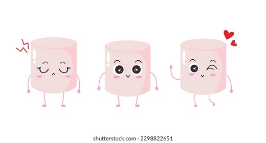 Vektorgrafik des Marshmallow-Charakters mit verschiedenen süßen Ausdrucken, kühl, Marshmallow einzeln auf weißem Hintergrund, einfacher Minimalstil, süß für Maskottkollektion, Emoticon, bezaubernd