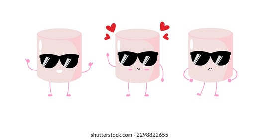 Vector illustration of marshmallow character with various cute expression, cool, set of marshmallow isolated on white background, simple minimal style, cute for mascot collection, emoticon, sunglasses