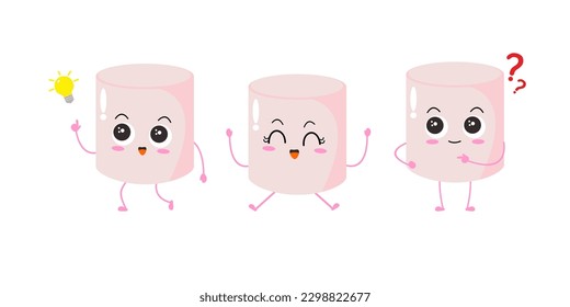 Vector illustration of marshmallow character with various cute expression, cool, set of 3 marshmallow isolated on white background, simple minimal style, cute for mascot collection, emoticon, funny