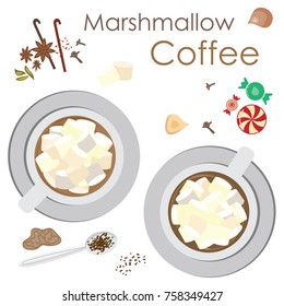vector illustration for marshmallow coffee top view of two cups of hot drink
