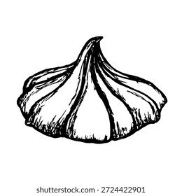 Ilustración vectorial de un malvavisco aislado sobre un fondo blanco. Boceto de doodle en blanco y negro de un merengue dibujado a mano. Pastel independiente para el diseño de menús, Anuncios o exhibiciones de tiendas de dulces.