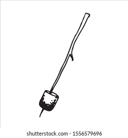 Vector illustration marshmallow on a wooden stick isolated on white. Sweet roasted burned dessert. Outdoor picnic, camping party symbol. Hand drawn line art doodle style. 