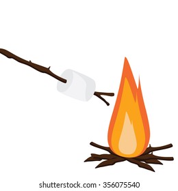 Vector illustration marshmallow on wooden stick roasting on campfire. Bonfire with marshmallow