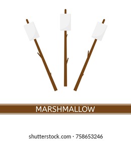 Vector illustration of marshmallow on wooden stick isolated on white background, flat style.