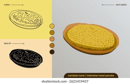 Vector illustration of martabak manis, a popular Indonesian sweet pancake, shown in outline, black fill, and semi-realistic styles, ideal for food icons, menu design, and culinary visuals.
