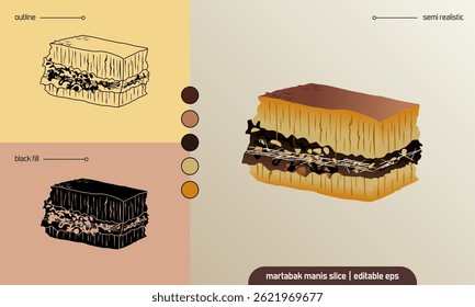 Vector illustration of a martabak manis slice or indonesian sweet pancake in three styles: outline, black fill, and semi-realistic. Traditional dessert, editable and suitable for food design projects.