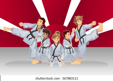 A vector illustration of martial art banner with kids practicing karate