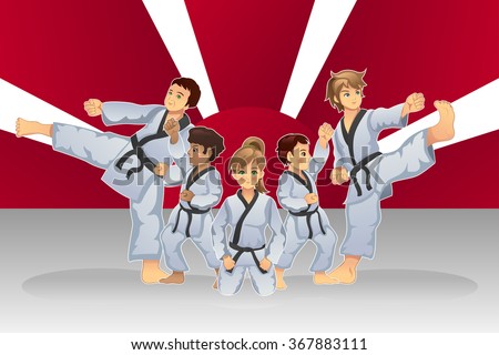 A vector illustration of martial art banner with kids practicing karate