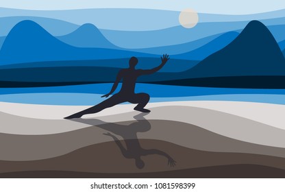 Vector Illustration Martial Art on the Background of the Mountains