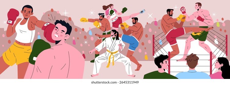 Ilustração vetorial de artistas marciais e boxeadores em uma competição dinâmica, mostrando diversos estilos de luta e intenso engajamento físico em uma arena lotada.