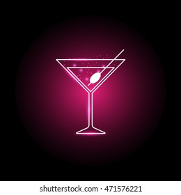 Vector illustration of a Martini glass on a black background with a pink glow. Icon alcoholic cocktail.