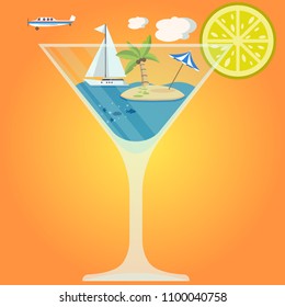 Vector illustration of martini glass with summer beach, sand, sky clouds, ocean, yacht and plane