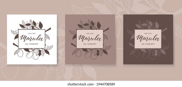 Ilustración vectorial de Marula con letras de pincel manuscritas. Logotipo, etiqueta, pancarta o plantilla de afiches para productos con aceites esenciales o cosméticos orgánicos. EPS10
