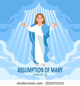 Vector illustration of mary for the Assumption of Mary day greeting in flat vector style. Virgin Mary icon vector. Assumption of Mary Poster, August 15. Important day