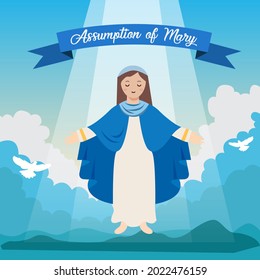 Vector illustration of mary for the Assumption of Mary day greeting in flat vector style. Virgin Mary icon vector. Assumption of Mary Poster, August 15. Important day