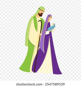 Vector illustration of Mary, Joseph and baby Jesus on transparent background