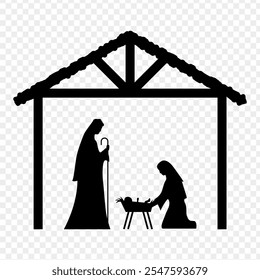 Vector illustration of Mary, Joseph, and baby Jesus in a barn silhouette on transparent background