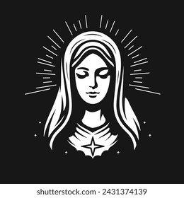 Vector illustration of The Mary, Our Lady Virgin Mary Mother of Jesus, Holy Mary, madonna, white on black background, printable, suitable for logo, sign, tattoo, laser cutting, sticker
