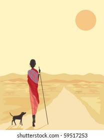 vector illustration of a masai man with his dog walking along a road in africa under the setting sun