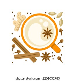 Vector illustration, Masala chai, Indian drink, Black tea with milk and spices. isolated on white background.