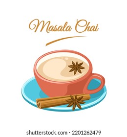 Vector illustration, Masala chai, Indian drink, Black tea with milk and spices. isolated on white background.