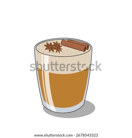 Vector illustration of masala chai latte in a glass cup, topped with light foam and cinnamon stick garnish, traditional spiced Indian tea drink.