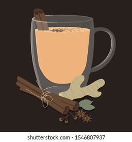 Vector illustration. Masala tea with spices