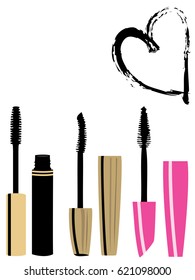 vector illustration of mascara brushes set and heart.